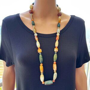 Natural Stone Necklace Orange Green Brown Various Stones 35 Inch Length